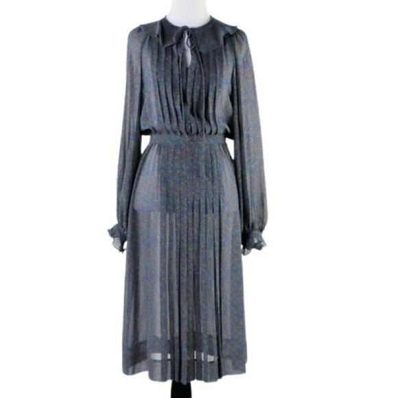 Vintage 1970s/80s Grey/Blue Printed Sheer Secretary Dress with Necktie Medium - Picture 1 of 10